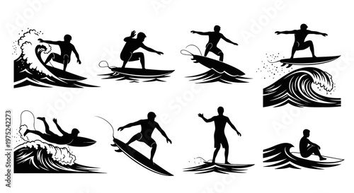 Surfing Silhouettes Vector Set - Water Sports and Beach Recreation Design Elements