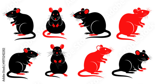 Stylized Rats and Mice - Black and Red Cartoon Characters on White Background