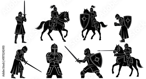 Medieval Knights Black  White Silhouette Art Collection with Swords and Shields