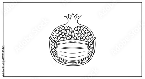 Pomegranate wearing a medical face mask, symbolizing health and protection during a pandemic