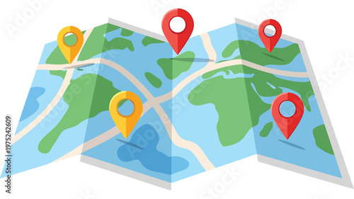 Folded world map with colorful location pins in vibrant illustrative style for travel planning on transparent background