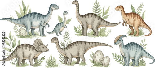 Watercolor illustration of various dinosaurs and prehistoric plants.
