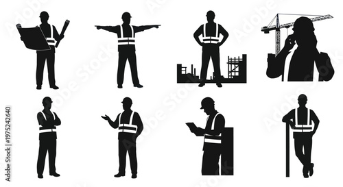 Construction Workers and Engineers Black Silhouette Set - Hard Hats, Vests, Blueprints, Crane