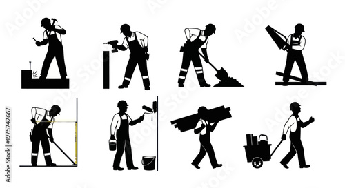 Construction Workers Silhouettes Set - Building  Renovation Black  White Glyph Icons