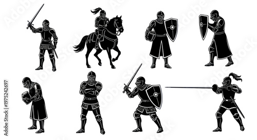 Medieval Knights Warriors Armor Weapons Black  White Line Art Vector Set