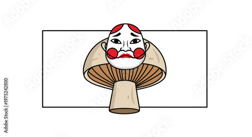 Surreal Japanese Noh mask on a mushroom, bizarre concept art, abstract, artistic, creative