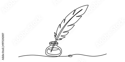 A single continuous line drawing of a classic antique feather quill pen resting in an inkwell. Vector, illustration