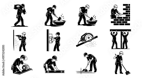 Construction Tradesmen and Building Tools Black and White Glyph Vector Icon Set
