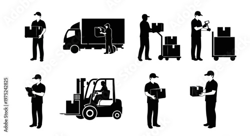 Logistics Delivery and Warehouse Workers Icon Set - Black Silhouette Glyphs