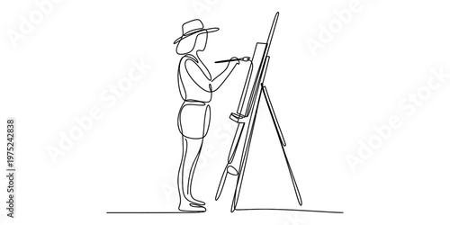 A continuous line drawing of a female artist wearing a hat while painting on a wooden easel setup. Vector, illustration