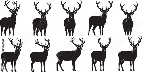 Set of black deer silhouettes on white background illustration