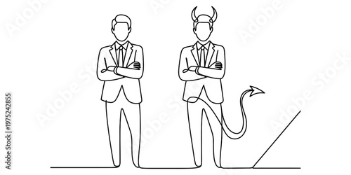 A single line drawing of two businessmen representing the duality of good and evil in business. Vector, illustration