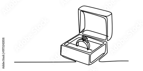 Continuous single line drawing of an elegant diamond engagement ring inside an open jewelry box Vector, illustration