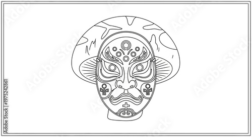 Traditional Japanese Noh mask, outline drawing, cultural art, theatrical performance, ancient Japan