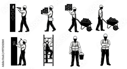 Construction Workers Black  White Line Art Vector Set with Tools, Bricks  Building Tasks