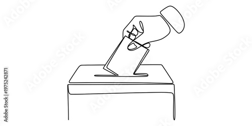 A single continuous line drawing of a hand placing a ballot paper into a white voting ballot box Vector, illustration