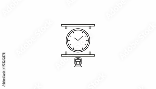 Train Station Clock Icon with Train Below, Minimalist Line Art, Time Concept