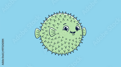 Puffed up green pufferfish cartoon.
