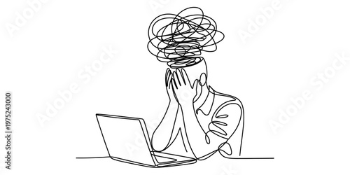 A continuous line drawing depicting a stressed person sitting at a laptop with a messy mind state. Vector, illustration