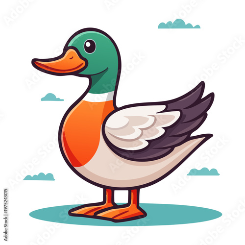 artistic mallard duck illustration with green head and orange beak standing calmly showing detailed wing feathers and classic waterfowl features for nature