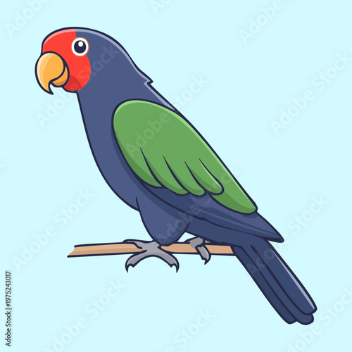 dark blue and green parrot perching on a thin branch with a bright orange beak and intelligent eyes looking directly at the viewer