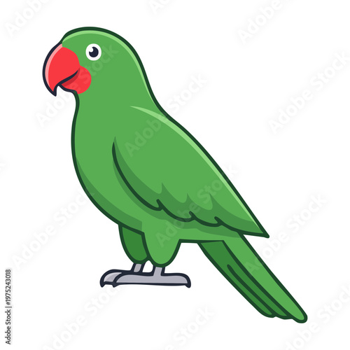bright green parrot sitting on a branch with a red beak looking sideways with a curious expression and detailed feather textures for tropical