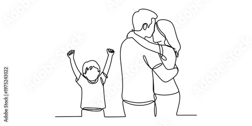 A single line drawing illustrating a joyful child standing beside his parents in a warm embrace. Vector, illustration
