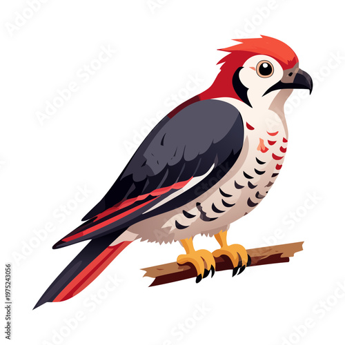 hawk with red and white feathers perching on a tree branch looking back over its shoulder with a sharp and focused predatory