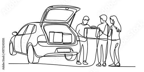 A single continuous line drawing of a group of three people loading luggage into a car trunk. Vector, illustration