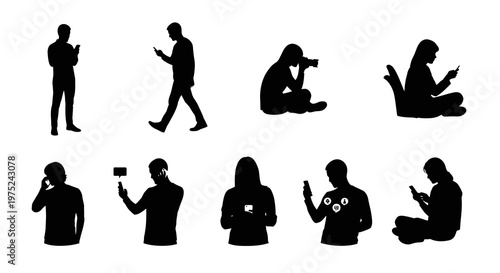 Modern Technology Lifestyle: Silhouette Vector Set of People Using Smartphones