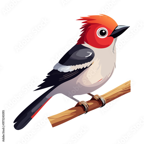 cute bird with a red head and black and white body perching on a wooden branch looking forward with small black eyes
