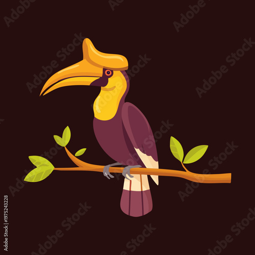 hornbill perching on a branch against a dark background with its large yellow beak and colorful feathers looking very exotic and unique