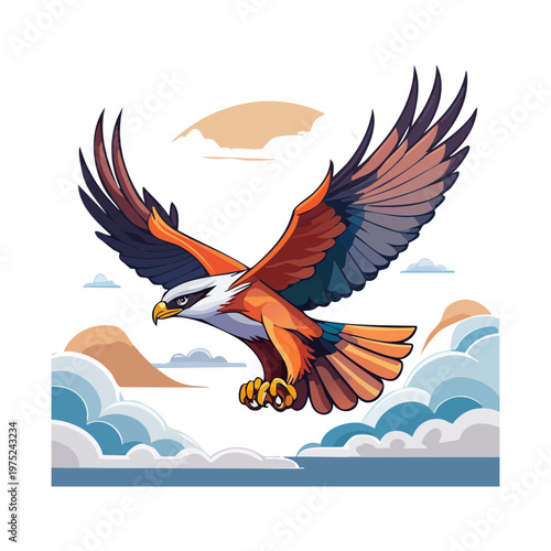 eagle soaring through the clouds with its wings spread wide and head turned sideways looking for prey during a high altitude flight