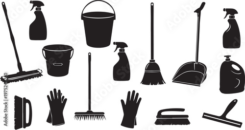 Cleaning tools and supplies in black silhouette style icons