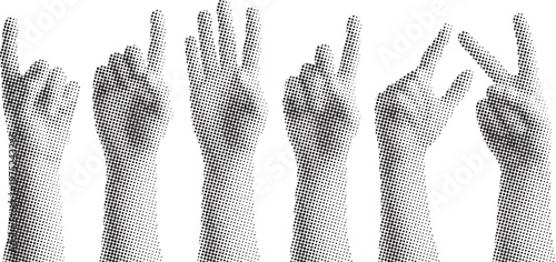 Row of human hands showing finger counts and victory signs halftone dot vector graphics.
