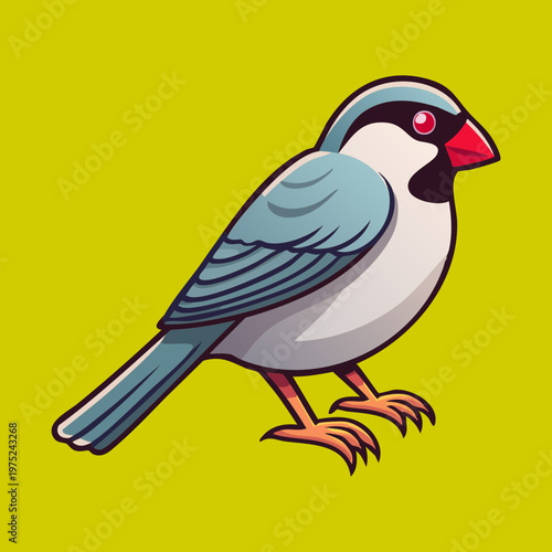 small gray bird with a red beak perching on a yellow background looking forward with a curious and friendly expression in garden
