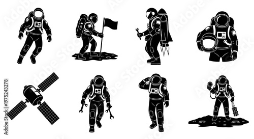 Space Exploration Astronaut and Satellite Glyph Icons Set - Black and White Vector Illustrations