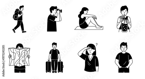 Travel  Tourism Activities People Vector Set in Black  White Hand-Drawn Line Art Style