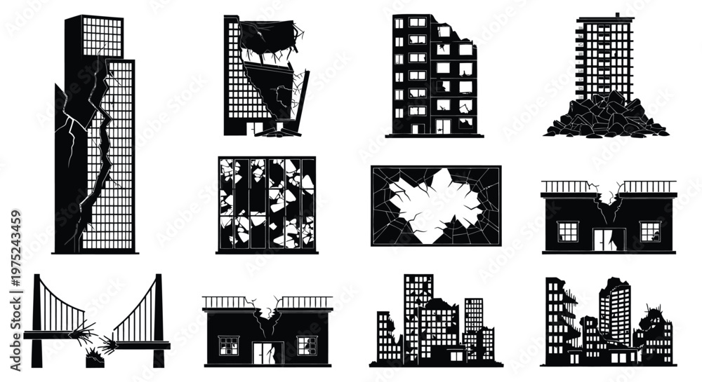 Obraz premium Disaster and Destruction: Black White Glyph Icons of Damaged Buildings Ruined Infrastructure