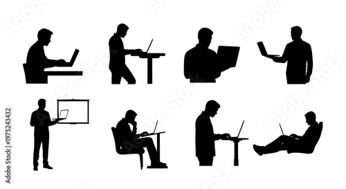 Digital Work Laptop Users Silhouettes Vector Set