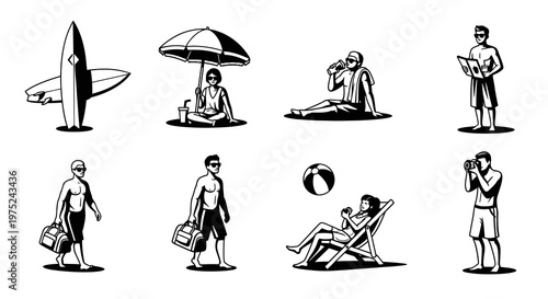 Summer Beach Vacation People Activities Icon Set in Black and White Line Art Style