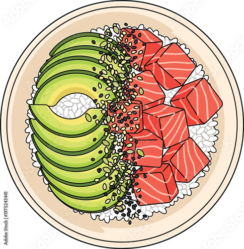 Delicious salmon sushi with avocado on rice in colorful vibrant illustration for food blog on transparent background