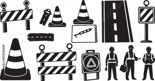 Road construction signs and workers in black and white