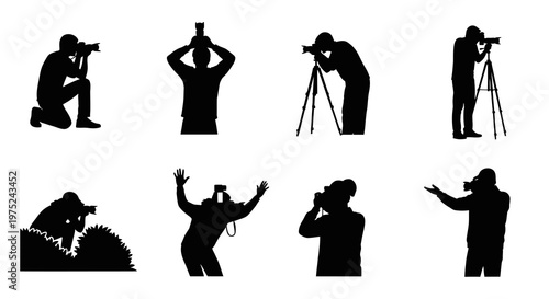 Photography Silhouettes: Diverse Professional Photographers with Cameras and Tripods Vector Set
