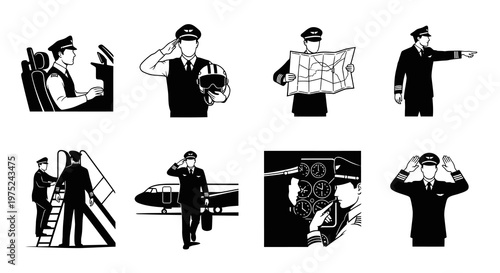 Black  White Aviation Pilot and Flight Crew Vector Glyphs Set