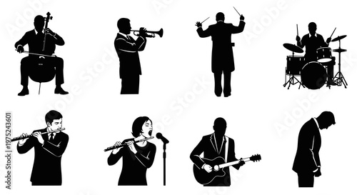 Musicians Playing Various Instruments and Conductor Silhouettes Vector Set