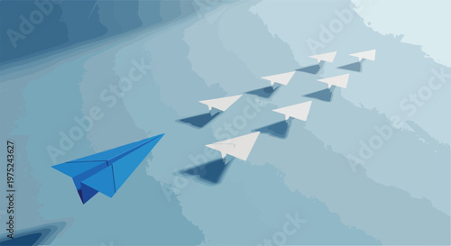 Blue Paper Plane Leading White Planes in Formation Against Cloudy Sky.