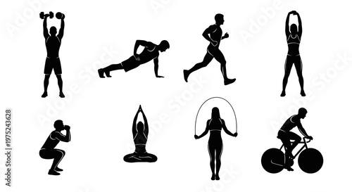 Fitness and Workout Exercise Activities Black Silhouette Icons Set