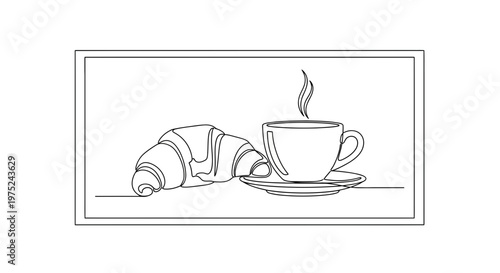 Minimalist single line drawing of a croissant and a steaming cup of coffee on a saucer