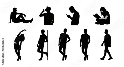 Lifestyle Diverse People Silhouettes Vector Collection - Black Art Figures in Various Poses